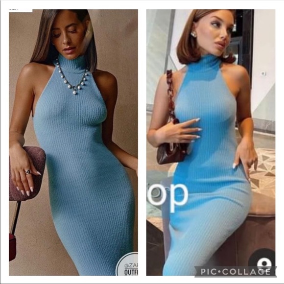 Zara Blue Tube Halter Fitted Midi Dress Size XS-S - Picture 8 of 16